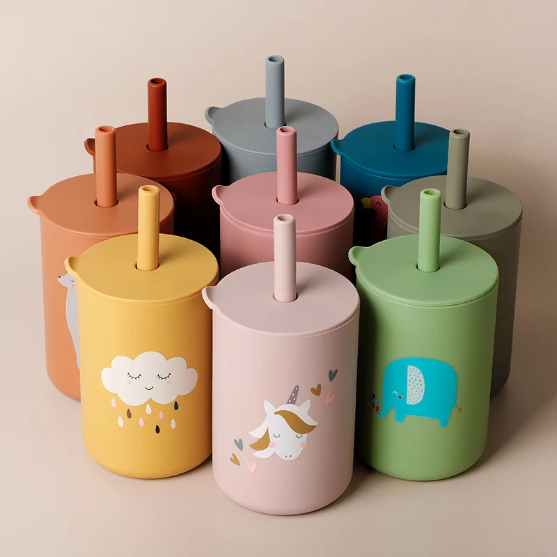 아기 수유 Drinkware 밀짚 컵 아기 만화 학습 먹이 컵 식품 학년 실리콘 유아 물병 식기 BPA 무료