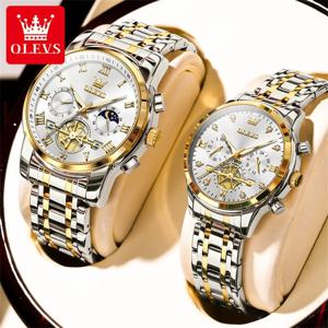 OLEVS 최고 브랜드 커플 시계 스테인레스 스틸 Waterpoof 크로노 그래프 달의 위상 플라이휠 디자인 남성 여성을위한 연인의 손목 시계