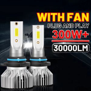 차량용 LED 터보 선풍기 램프, 300W, H7, H4, 6000K, H1, H11, H13, 9012, 9004, 9005, 9006, 9007, 12V, 30000LM, 헤드라이트 전구, 2 개
