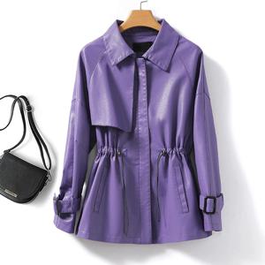 M-4XL 여성용 양가죽 코트, 카키 지퍼, 신축성 허리, 긴팔 캐주얼, 루즈 스플릿 가죽 재킷, 2024 신상 패션