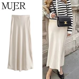 MUJER 새틴 롱 스커트 여성용 드레이핑 하이 웨이스트 미디 스커트 여성 여름 스트레이트 여성 스커트 휴가 비치 여성 스커트