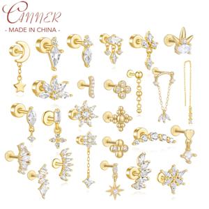 CANNER 1Pc 925 실버 부드러운 별 문 스터드 귀걸이 여성을위한 18K 골드 플랫 헤드 스레드 펑크 귀 뼈 Ins 파인 쥬얼리