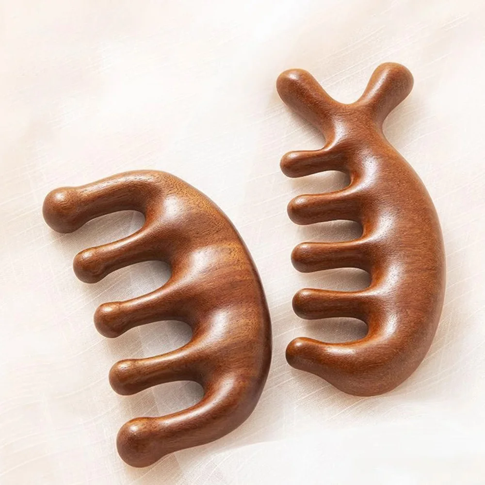 자오선 마사지 빗 다섯 치아 핸들리스 중국어 침술 머리 빗 혈액 순환 백단 두피 자오선 빗