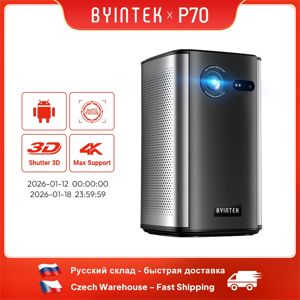 BYINTEK 미니 휴대용 프로젝터 DLP 자동 초점 스마트 안드로이드 와이파이 LED 1080P 홈 시어터 비디오 프로젝터, 배터 포함, P70 3D 4K