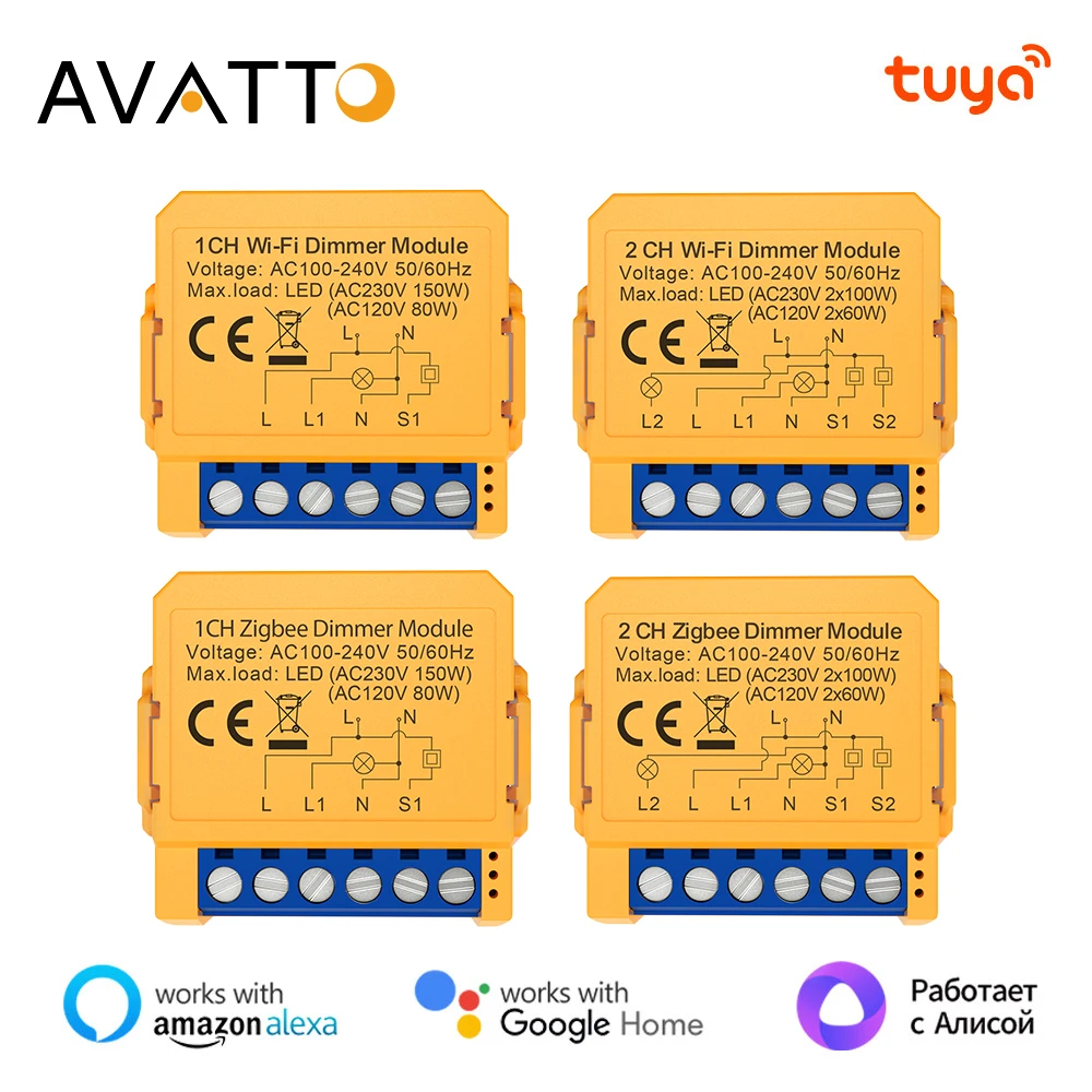 AVATTO Tuya WiFi/ZigBee 1/2 갱 스마트 디머 스위치 모듈, 디머 라이트 스위치 모듈 APP 원격 제어 알렉사 구글 홈용