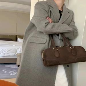 한국 스타일 롱 울 코트 여성용 우아한 슈트 칼라 싱글 버튼 루즈핏 고급스러운 울 아우터웨어