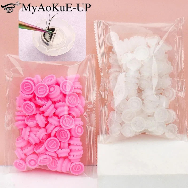 100개입 일회용 개별 속눈썹 접착제 홀더 속눈썹 연장 꽃 모양 컵 링 속눈썹 연장 접착제 스탠드 홀더