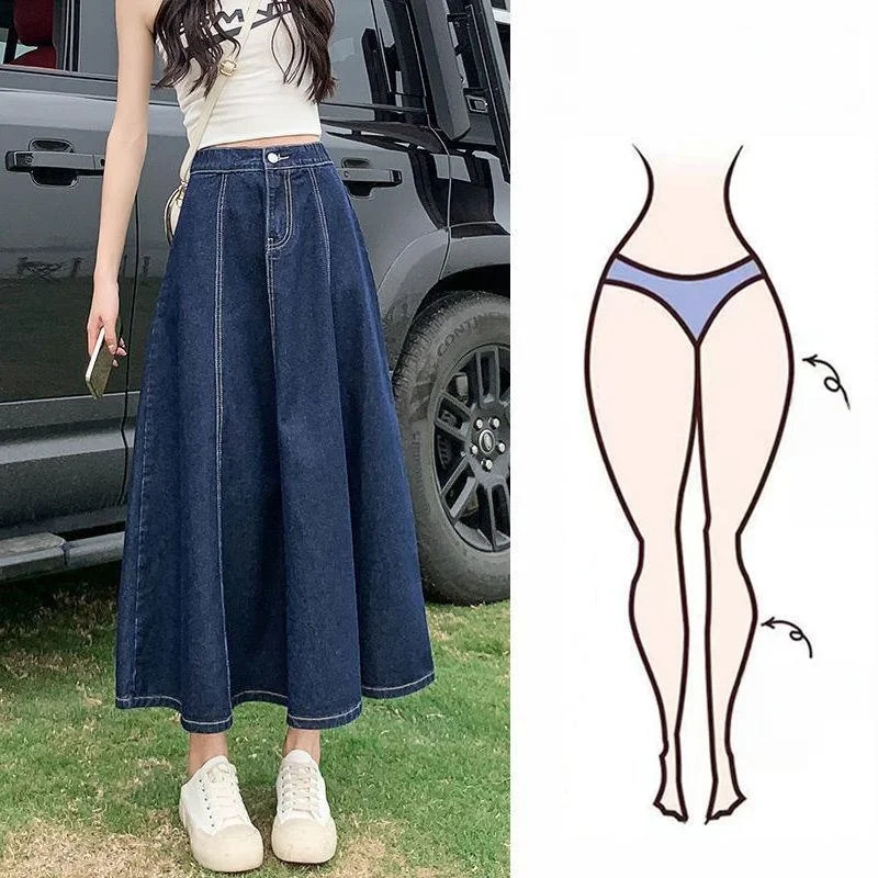 봄 여름 여성 미디 스커트 A라인 루즈핏 하이웨이스트 슬림 데님 스커트 캐주얼 출퇴근 스타일 면 혼방 소재
