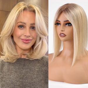 14 인치 스트레이트 100% 레미 인간의 머리카락 토퍼 금발 다크 루트 레이스베이스 토퍼 여성용 클립 헤어 익스텐션 헤어 피스