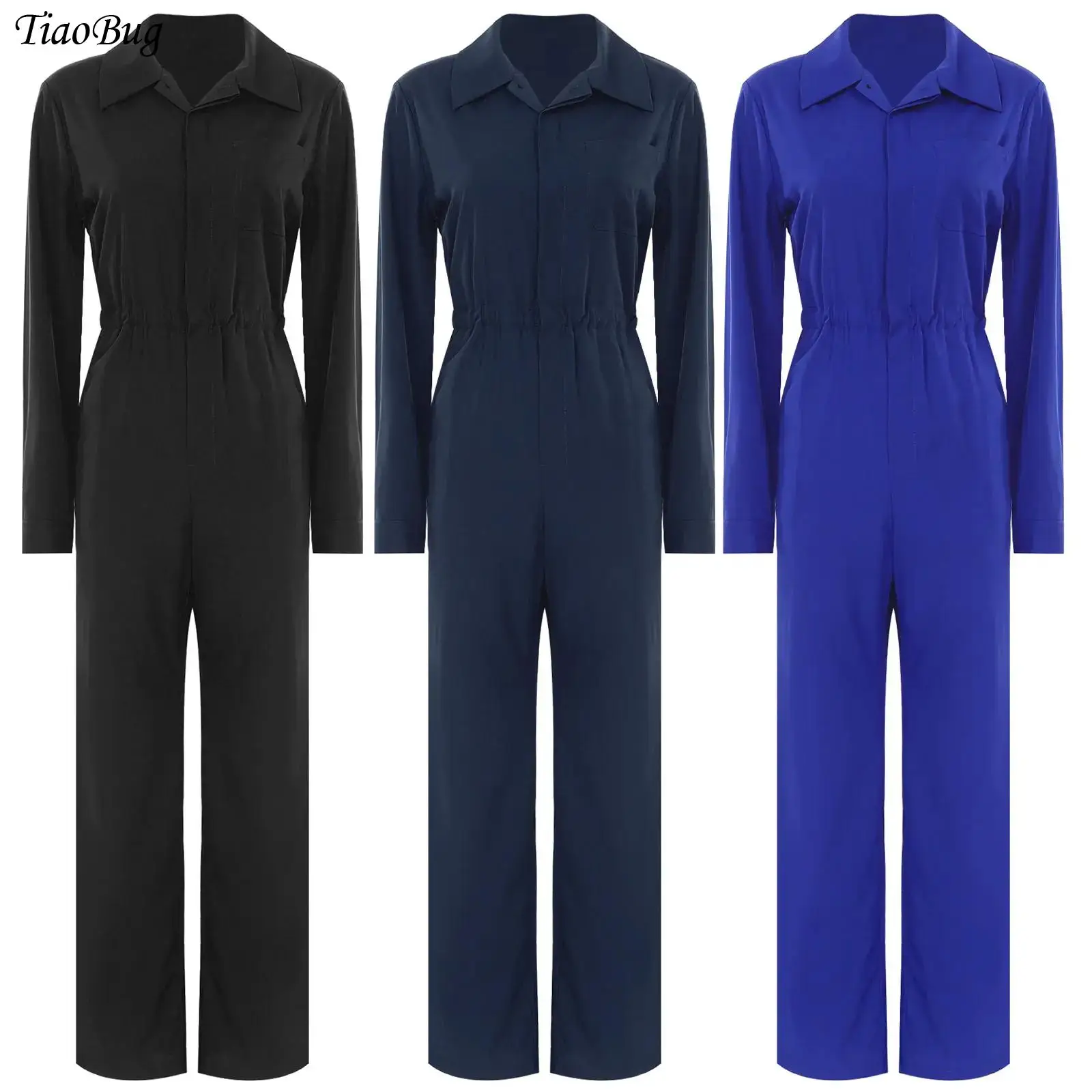 여성 캐주얼 점프 슈트 작업복 솔리드 컬러 긴 소매 턴 다운 칼라 버튼 플랩 Romper 패션 작업 여행 휴가 Homewear