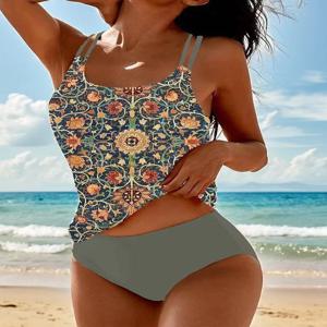 여성용 프린트 Boho Tankini 세트 섹시한 삼각형 바닥이 있는 하이 웨이스트 투피스 수영복 세련되고 독특한 여름 해변 수영복