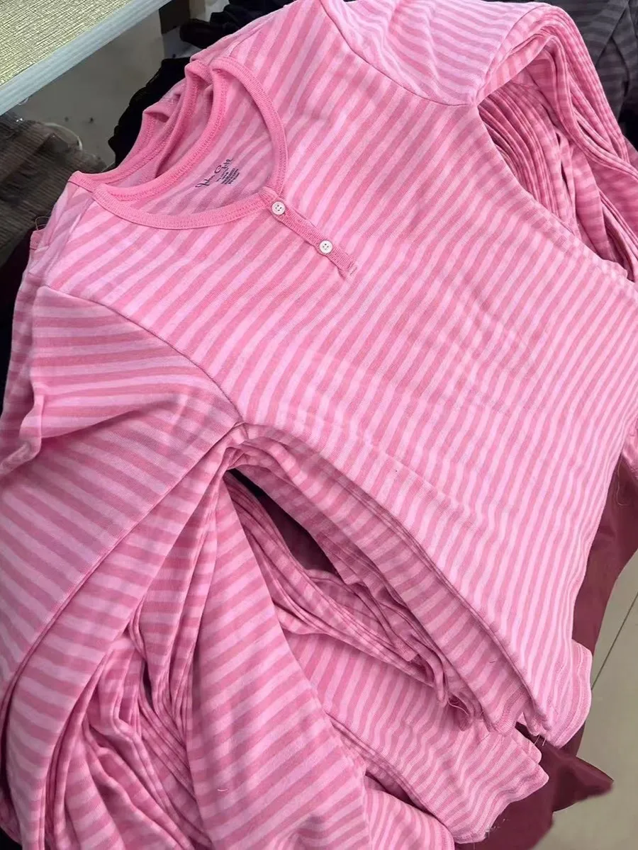 핑크 스트라이프 슬림 긴 소매 티셔츠 여성 봄 캐주얼 코튼 오목 Tshirt 새로운 탑 의류 달콤한 귀여운 빈티지 티셔츠 Y2K