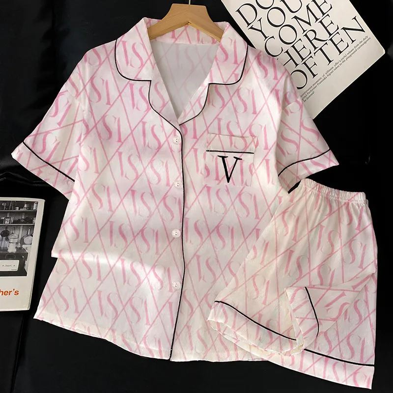 여름 새로운 여성의 고급 감각 얼음 실크 잠옷 Homewear 세트 소녀 잠옷 기질 반팔 잠옷 Homewear 세트