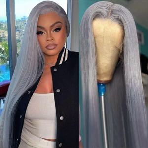 13x6 스트레이트 그레이 레이스 프론트 가발 인간의 머리카락 미리 뽑은 레미 브라질 실버 그레이 레이스 정면 가발 바디 웨이브 인간의 머리 가발