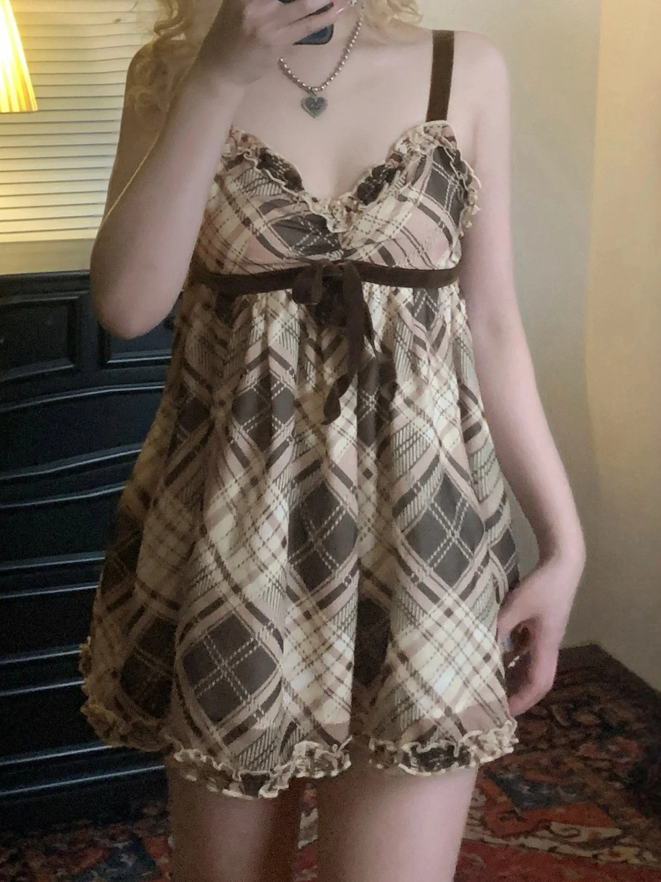 달콤한 체크무늬 리본 귀여운 심플 캐미솔 드레스 탑스 패션 올매치 레트로 여성 홈웨어