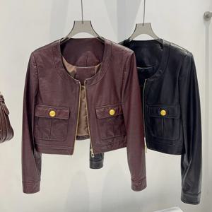 세련된 와인 레드 여성 진짜 가죽 자켓 코트 패션 하이 스트리트 여성 오-넥 지퍼 긴 소매 양피 짧은 자켓 탑스