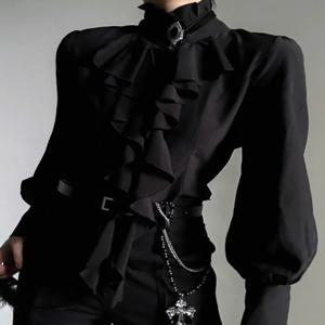 하라주쿠 빈티지 블랙 바텀 셔츠 여성 스탠드 칼라 러플 슬림핏 블라우스 2025 신상 긴팔 블루사 데 무헤르