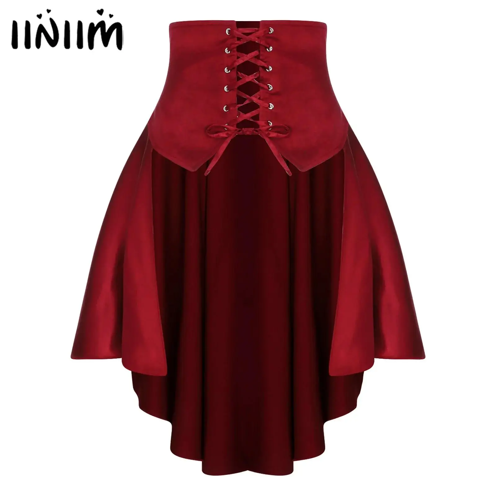 Womens Gothic Steampunk Satiny Pirate 스커트 프론트 레이스 업 Tiered Ruffled 불규칙한 밑단 스커트 허리 벨트 빈티지 중세 의상