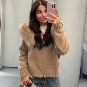 Talenza 겨울 여성 스웨터 후드 가디건 푹신한 지퍼 패치 워크 긴 소매 리브 솔리드 니트 자켓 코트 여성용 카디건