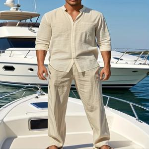 신상 통기성 좋은 린넨 남성용 긴팔 셔츠와 바지 봄 여름 가을 야외 레저 산책 해변 스포츠 의상 1/2피스