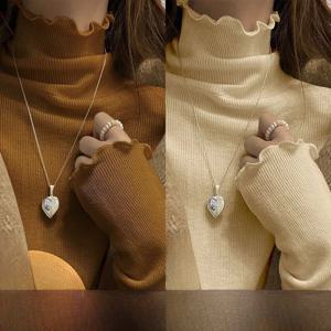 여성용 긴팔 하프 하이 칼라 티셔츠 따뜻한 이너웨어 학생용 골지 베이스 셔츠 우드 엣지 가을 겨울 패션