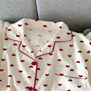 여름 신상품 얇은 반팔 하트 프린트 잠옷 여성용 한국 스타일 하이 에스테틱 3피스 세트 달콤하고 귀여운 스타일