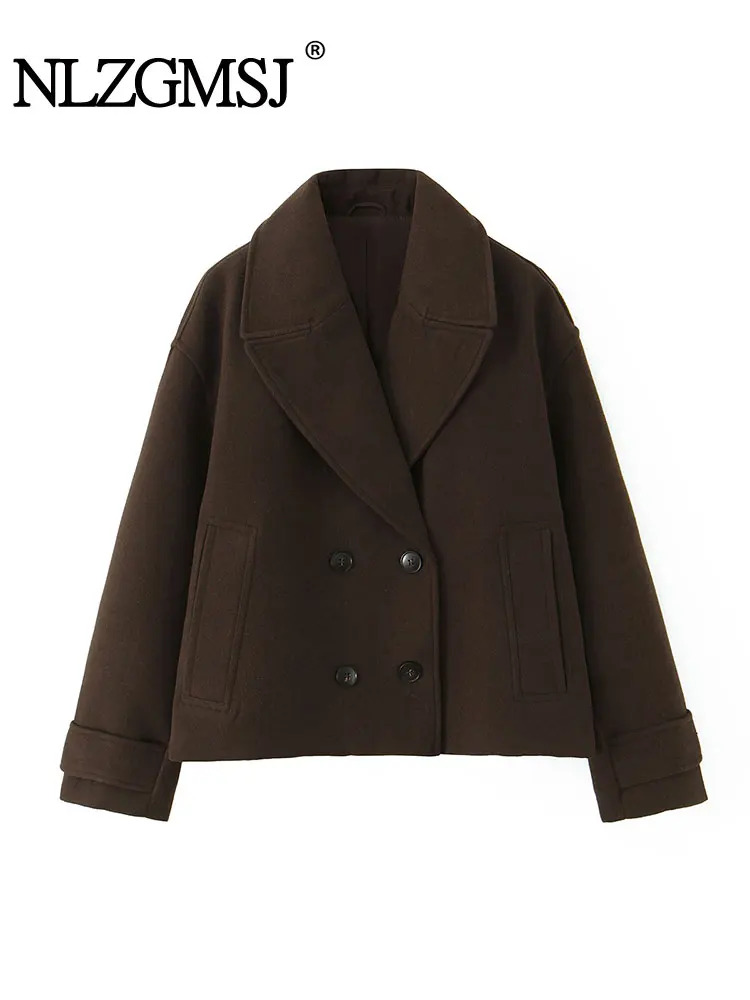 NLZGMSJ 빈티지 캐주얼 시크 여성 오버코트 솔리드 포켓 더블 브레스티드 숏 코트 신상 패션 2025 겨울 휴가 코트