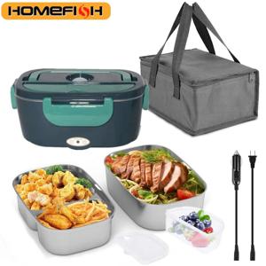 HOMEFISH 전기 도시락, 자동차 또는 AC 난방, 여행 사무실 가정용 선물 칼 및 절연 핸드백, 1.5L, 60W 속도 가열