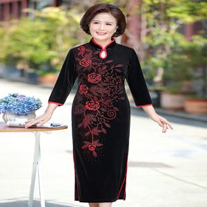 중년 및 노년 여성용 우아한 벨벳 롱 치파오 드레스, 비즈 장식, 플러스 사이즈, 봄 신상, 할머니 옷