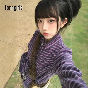 Tonngirls Y2k 일본 스웨트셔츠 여성용 긴 소매 스트라이프 스탠드 칼라 스웨트셔츠 하이 스트리트 그래픽 겨울 코트 E-girls