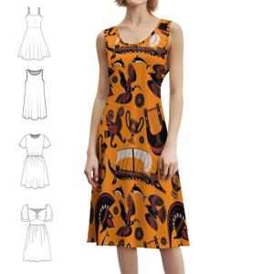 고대 그리스 블랙 피규어 도자기 패턴 여성의 우아한 파티 드레스 A라인 드레스 짧은/긴/소매 없는 옵션