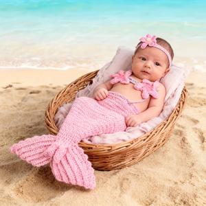 신생아 인어 사진 소품: 니트 꼬리 스커트와 진주 꽃 머리띠가 포함된 3개 세트. 사랑스러운 아기 사진 촬영 의상 및 선물.