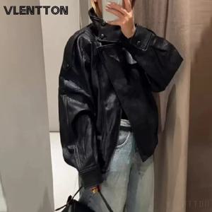 2026 신상 여성 패션 블랙 인조 가죽 재킷 코트 가을 겨울 캐주얼 루즈 지퍼 포켓 바이커 아우터웨어 탑 여성용