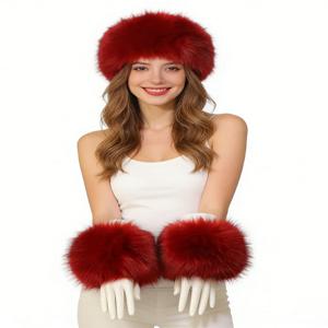 가을과 겨울용 모자와 커프 세트, 따뜻한 인조 모피 챙 없는 모자, 인조 여우털 소매 보호대, 여성용 챙 없는 모자