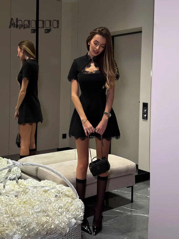 Ahagaga 섹시한 여성 미니 드레스 패치 워크 반팔 레이스 속이 빈 슬림 피트 트렌드 Baisc 터틀넥 스트리트웨어 여성 가운