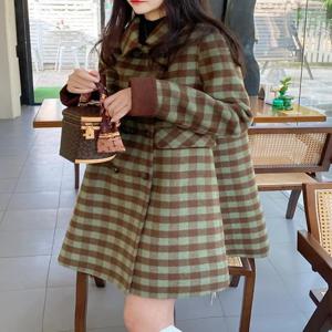 체크무늬 오버코트 여성용 신상 2025 한국 버전 중간 길이 인형 칼라 배색 울 외투 포켓 손수건