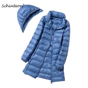 Schinteon M-7XL 여성용 다운 재킷, 초경량 화이트 덕 다운 롱 코트, 탈착식 후드, 얇은 슬림, 용수철 가을 아우터, 신상