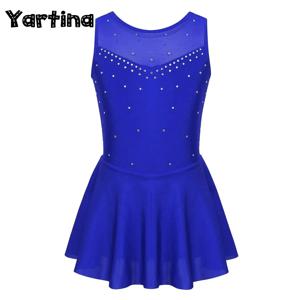 키즈 소녀 리듬 체조 발레 저지 피겨 스케이팅 서정적 댄스 복장 의상 라인 석 Tulle 발레 레오타드 드레스