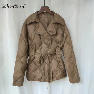 Schinteon 여성용 화이트 덕 다운 더블 브레스트 재킷, 아가일, 턴다운 칼라, 슬림 코트, 오피스 레이디, 가을, 겨울, 2024