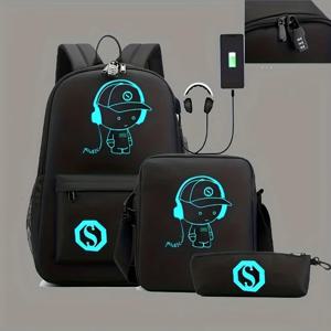 패션 배낭 소녀 소년 학교 배낭 학생 빛나는 USB 충전 학교 가방 십대 Schoolbag Bagpack 배낭 3PCS