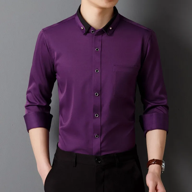새로운 남성 드레스 셔츠 긴 소매 Calssic 공식 비즈니스 사회 솔리드 컬러 사무실 파티 슬림 피트 화이트-블랙-레드-블루-퍼플