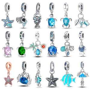 원래 오션 시리즈 맞는 3mm 팔찌 100% 정통 925 스털링 실버 거북이 크랩 인어 매력 비즈 DIY 쥬얼리 선물