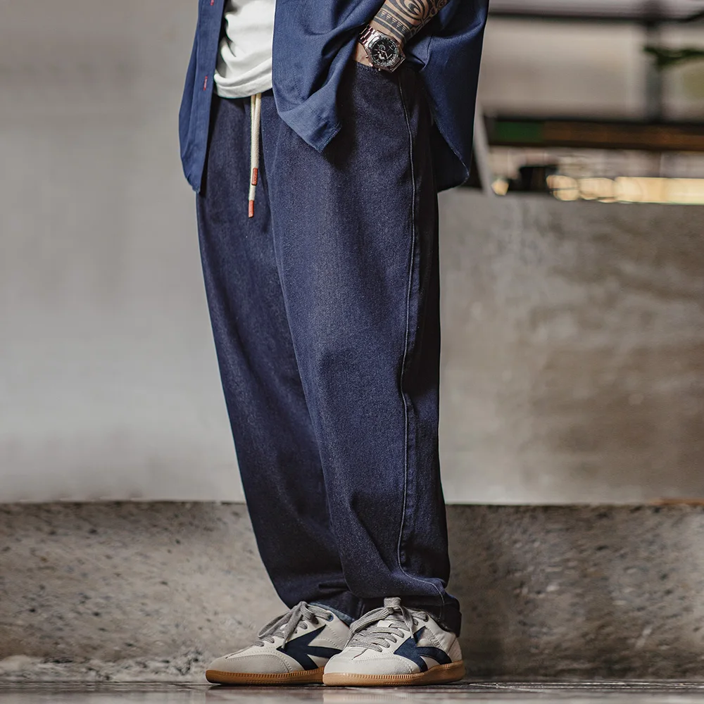 남성용 봄 가을용 캐주얼 10온스 조거 데님 진, 신축성 있는 허리끈, 워싱 처리된 스트레이트 팬츠