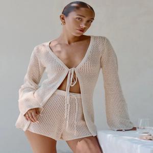 여성용 비치 커버업 수영복 상의 및 하이웨이스트 반바지, 섹시한 숙녀 수영복, 수영복 커버 업, 2 피스 세트, 2024 세트