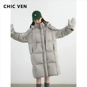 CHIC VEN 여성용 다운 코트, 솔리드 루즈 캐주얼 후드 다운 재킷, 여성용 소프트 90 화이트 덕 다운 코트, 두꺼운 가을 겨울 2024, 신상