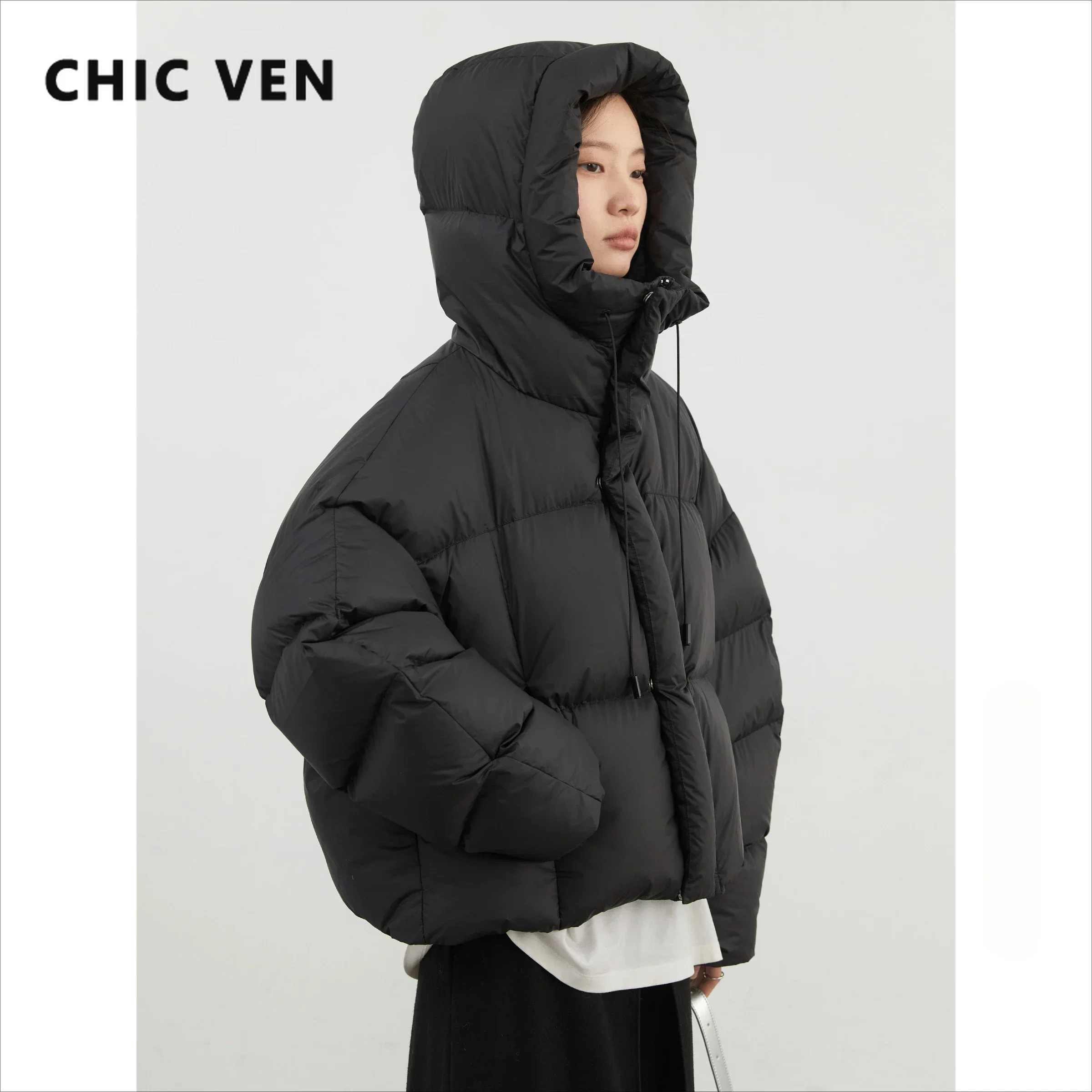 CHIC VEN 여성용 다운 코트, 루즈 캐주얼 후드 90 화이트 덕 다운 재킷, 가을 겨울 2025, 신상