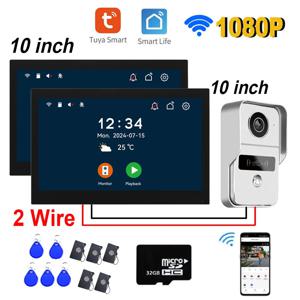2 와이어 디지털 비디오 인터콤 시스템, 와이파이 모니터, 1080P 도어폰 카메라, 비디오 초인종 카드, 투야 앱 잠금 해제, 2 개, 10 인치, 신제품