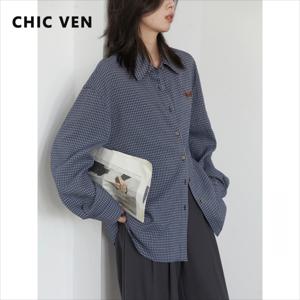 CHIC VEN 여성 셔츠 긴 소매 싱글 브레스트 새로운 느슨한 캐주얼 수 놓은 격자 무늬 블라우스 레트로 여성 탑 봄 여름 2025