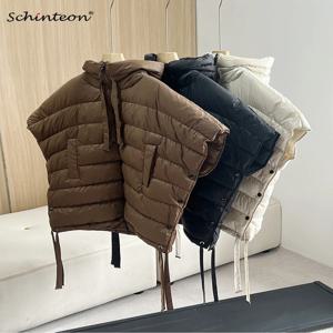 Schinteon 여성용 90% 화이트 덕다운 불규칙 조끼, 후드 포함 민소매 재킷, 단색 패션, 가을, 겨울 탑, 2025 신상