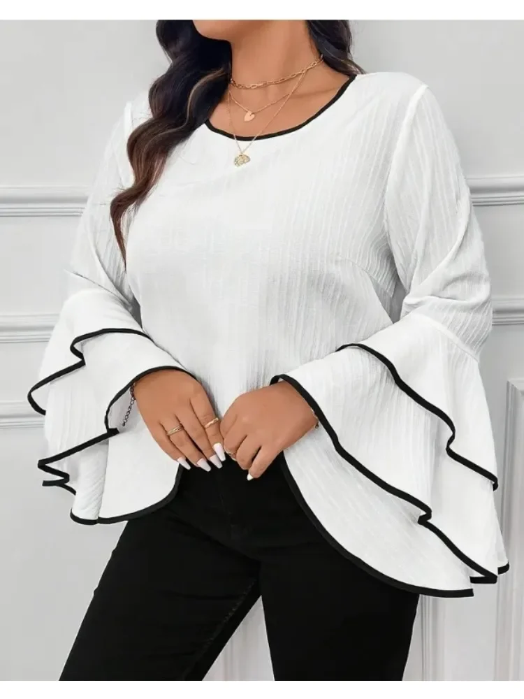 여성용 대형 티셔츠 2025 봄/여름 새로운 편안한 캐주얼 솔리드 컬러 크루넥 플레어 긴팔 탑